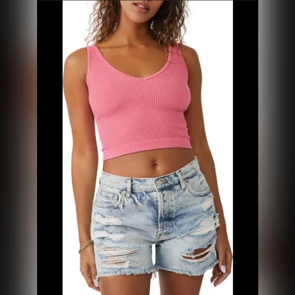 NWT Maidenform Pink Seamless Ribbed Cropped V-Neck Tank Top Women's Size Large